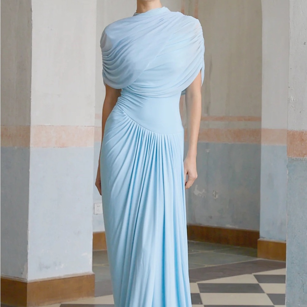 CATHERINE ASYMMETRIC PLEATED MAXI DRESS IN BABY-BLUE Miss Rossier